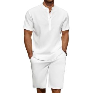 imageCOOFANDY Mens 2 Pieces Linen Set Casual Henley Shirts Short Sleeve Beach Yoga Shorts Summer Pants Outfits01white