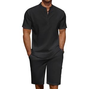 imageCOOFANDY Mens 2 Pieces Linen Set Casual Henley Shirts Short Sleeve Beach Yoga Shorts Summer Pants OutfitsBlack