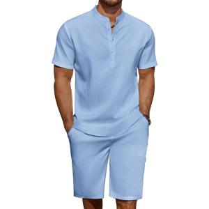 imageCOOFANDY Mens 2 Pieces Linen Set Casual Henley Shirts Short Sleeve Beach Yoga Shorts Summer Pants OutfitsBlue