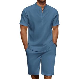 imageCOOFANDY Mens 2 Pieces Linen Set Casual Henley Shirts Short Sleeve Beach Yoga Shorts Summer Pants OutfitsDark Blue