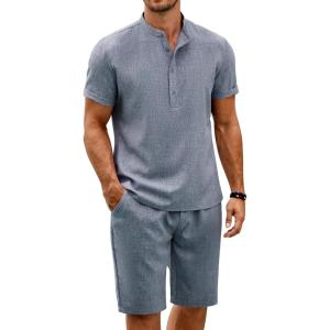imageCOOFANDY Mens 2 Pieces Linen Set Casual Henley Shirts Short Sleeve Beach Yoga Shorts Summer Pants OutfitsFlecking Navy Blue