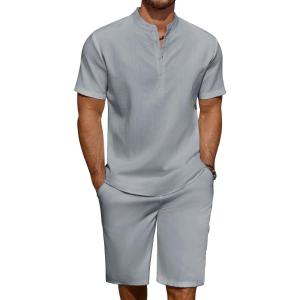 imageCOOFANDY Mens 2 Pieces Linen Set Casual Henley Shirts Short Sleeve Beach Yoga Shorts Summer Pants OutfitsGrey