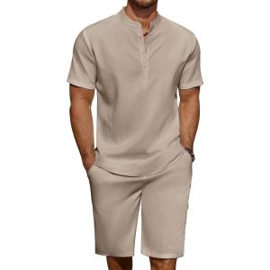 imageCOOFANDY Mens 2 Pieces Linen Set Casual Henley Shirts Short Sleeve Beach Yoga Shorts Summer Pants OutfitsKhaki