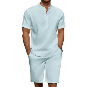 imageCOOFANDY Mens 2 Pieces Linen Set Casual Henley Shirts Short Sleeve Beach Yoga Shorts Summer Pants OutfitsLight Blue