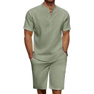 imageCOOFANDY Mens 2 Pieces Linen Set Casual Henley Shirts Short Sleeve Beach Yoga Shorts Summer Pants OutfitsLight Green