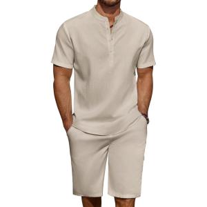 imageCOOFANDY Mens 2 Pieces Linen Set Casual Henley Shirts Short Sleeve Beach Yoga Shorts Summer Pants OutfitsLight Khaki