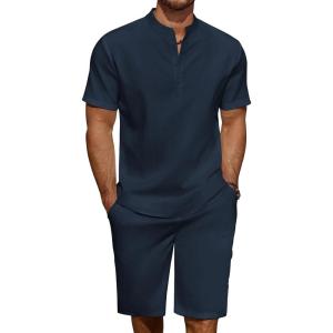 imageCOOFANDY Mens 2 Pieces Linen Set Casual Henley Shirts Short Sleeve Beach Yoga Shorts Summer Pants OutfitsNavy Blue