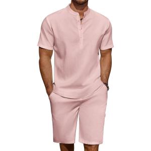 imageCOOFANDY Mens 2 Pieces Linen Set Casual Henley Shirts Short Sleeve Beach Yoga Shorts Summer Pants OutfitsPink