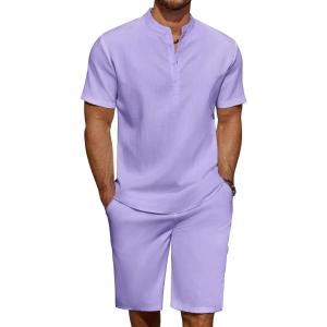 imageCOOFANDY Mens 2 Pieces Linen Set Casual Henley Shirts Short Sleeve Beach Yoga Shorts Summer Pants OutfitsPurple