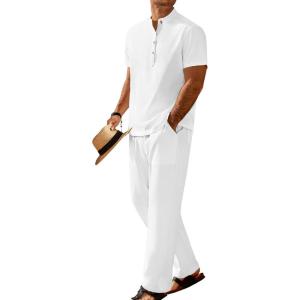 imageCOOFANDY Mens 2 Pieces Set Short Sleeve Casual Henley Shirts Beach Yoga Pants Summer Beach OutfitAll White