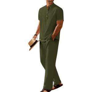 imageCOOFANDY Mens 2 Pieces Set Short Sleeve Casual Henley Shirts Beach Yoga Pants Summer Beach OutfitArmy Green
