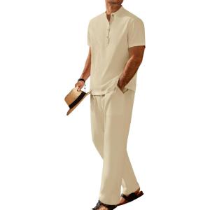 imageCOOFANDY Mens 2 Pieces Set Short Sleeve Casual Henley Shirts Beach Yoga Pants Summer Beach OutfitBeige