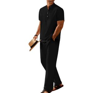 imageCOOFANDY Mens 2 Pieces Set Short Sleeve Casual Henley Shirts Beach Yoga Pants Summer Beach OutfitBlack