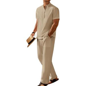 imageCOOFANDY Mens 2 Pieces Set Short Sleeve Casual Henley Shirts Beach Yoga Pants Summer Beach OutfitKhaki