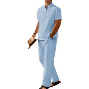 imageCOOFANDY Mens 2 Pieces Set Short Sleeve Casual Henley Shirts Beach Yoga Pants Summer Beach OutfitLight Blue