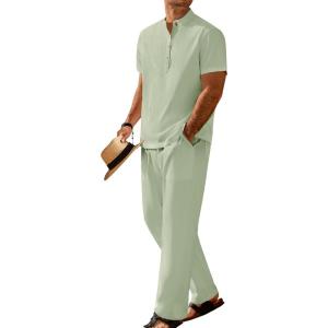 imageCOOFANDY Mens 2 Pieces Set Short Sleeve Casual Henley Shirts Beach Yoga Pants Summer Beach OutfitLight Green
