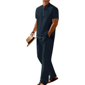 imageCOOFANDY Mens 2 Pieces Set Short Sleeve Casual Henley Shirts Beach Yoga Pants Summer Beach OutfitNavy Blue