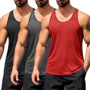 imageCOOFANDY Mens 3 Pack Workout Tank Tops Quick Dry Gym Sleeveless Muscle T Shirts Y Back Athlectic Tank Bodybuilding TopBlackDark GreyRed