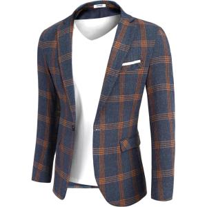 imageCOOFANDY Mens Blazer Casual Sport Coats Slim Fit One Button Suit Jacket Lightweight Sports JacketPlaid Blazer  Denim Blue
