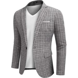 imageCOOFANDY Mens Blazer Casual Sport Coats Slim Fit One Button Suit Jacket Lightweight Sports JacketPlaid Blazer  Grey