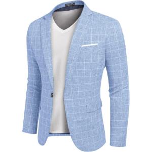 imageCOOFANDY Mens Blazer Casual Sport Coats Slim Fit One Button Suit Jacket Lightweight Sports JacketPlaid Blazer  Sky Blue