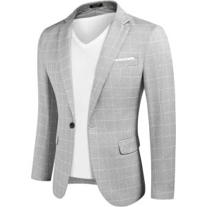 imageCOOFANDY Mens Blazer Casual Sport Coats Slim Fit One Button Suit Jacket Lightweight Sports JacketPlaid Blazer Light Grey