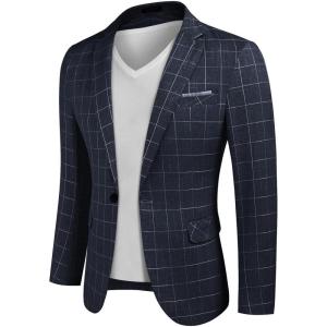 imageCOOFANDY Mens Blazer Casual Sport Coats Slim Fit One Button Suit Jacket Lightweight Sports JacketPlaid Blazer Navy Blue