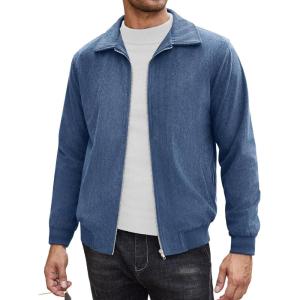 imageCOOFANDY Mens Casual Corduroy Jacket Lightweight Zip Up Vintage Jacket Collared Bomber JacketBlue
