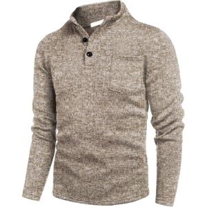 imageCOOFANDY Mens Casual Henley Pullover Sweatshirt Thermal Fleece Slim Fit SweaterLight Khaki
