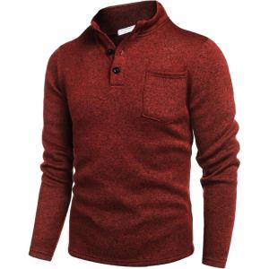 imageCOOFANDY Mens Casual Henley Pullover Sweatshirt Thermal Fleece Slim Fit SweaterWine Red