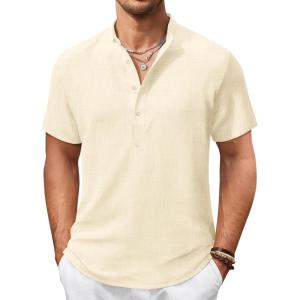 imageCOOFANDY Mens Casual Henley Shirt Short Sleeve Summer Shirts Linen Band Collar Summer Beach Hippie TShirtsBeige