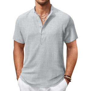 imageCOOFANDY Mens Casual Henley Shirt Short Sleeve Summer Shirts Linen Band Collar Summer Beach Hippie TShirtsGrey