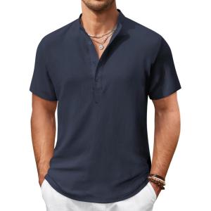 imageCOOFANDY Mens Casual Henley Shirt Short Sleeve Summer Shirts Linen Band Collar Summer Beach Hippie TShirtsNavy Blue