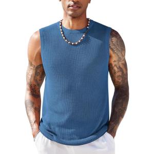 imageCOOFANDY Mens Casual Knitted Tank Tops Crew Neck Sleeveless Muscle T Shirts Summer Beach TopsBlue