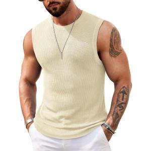 imageCOOFANDY Mens Casual Knitted Tank Tops Crew Neck Sleeveless Muscle T Shirts Summer Beach TopsCream