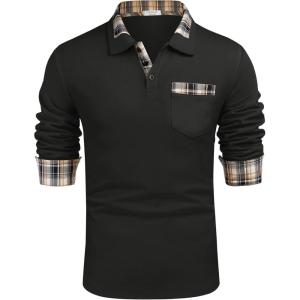 imageCOOFANDY Mens Casual Polo Shirt Long Sleeve Classic Plaid Button Tees with PocketsBlack