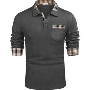imageCOOFANDY Mens Casual Polo Shirt Long Sleeve Classic Plaid Button Tees with PocketsCharcoal Grey