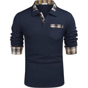 imageCOOFANDY Mens Casual Polo Shirt Long Sleeve Classic Plaid Button Tees with PocketsDark Blue