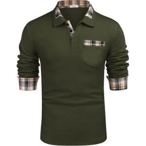 imageCOOFANDY Mens Casual Polo Shirt Long Sleeve Classic Plaid Button Tees with PocketsDeep Army Green