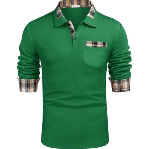 imageCOOFANDY Mens Casual Polo Shirt Long Sleeve Classic Plaid Button Tees with PocketsGreen