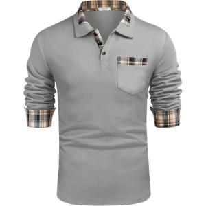 imageCOOFANDY Mens Casual Polo Shirt Long Sleeve Classic Plaid Button Tees with PocketsGrey