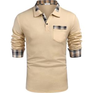 imageCOOFANDY Mens Casual Polo Shirt Long Sleeve Classic Plaid Button Tees with PocketsKhaki
