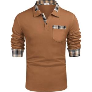 imageCOOFANDY Mens Casual Polo Shirt Long Sleeve Classic Plaid Button Tees with PocketsLight Brown