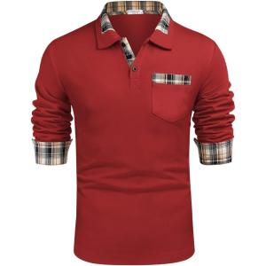 imageCOOFANDY Mens Casual Polo Shirt Long Sleeve Classic Plaid Button Tees with PocketsRed