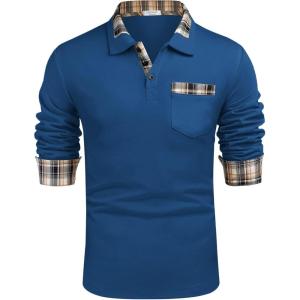 imageCOOFANDY Mens Casual Polo Shirt Long Sleeve Classic Plaid Button Tees with PocketsRoyal Blue