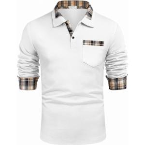imageCOOFANDY Mens Casual Polo Shirt Long Sleeve Classic Plaid Button Tees with PocketsWhite