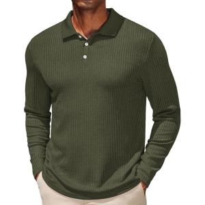 imageCOOFANDY Mens Casual Polo Shirts Long Sleeve Textured Knit Tee Shirt Wrok TshirtsArmy Green