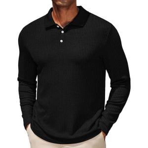 imageCOOFANDY Mens Casual Polo Shirts Long Sleeve Textured Knit Tee Shirt Wrok TshirtsBlack