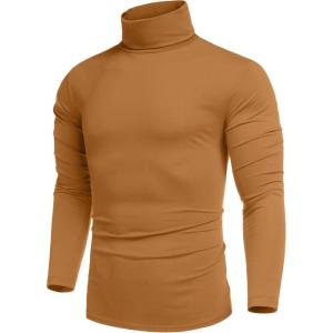 imageCOOFANDY Mens Casual Slim Fit Turtleneck T Shirts Lightweight Basic Cotton PulloversCaramel