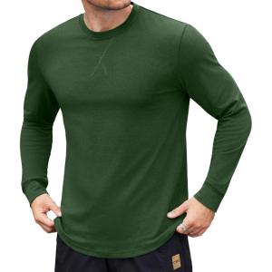 imageCOOFANDY Mens Cotton Hipster Hip Hop Longline Crewneck T Shirts Casual Long Sleeve Tees Curved Hem Gym ShirtsOne Piece Dark Green